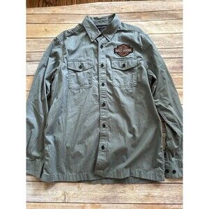 Mens Harley Davidson Long Sleeve Button Down Shirt Green Embroidered Patch M